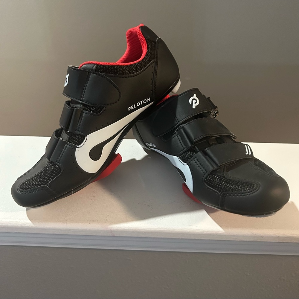 Adult Peloton cycling Sneakers - Black with White and Red Highlights
